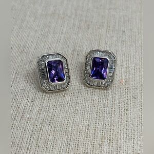Vtg 925 Sterling Silver & Purple w Clear / White CZ Rectangle Stud Earrings